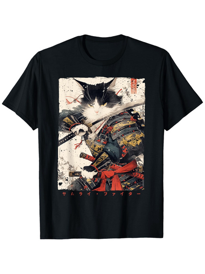 Men's Graphic T-Shirt Majestic Black And White Cat Warrior In Colorful Samurai Armor
