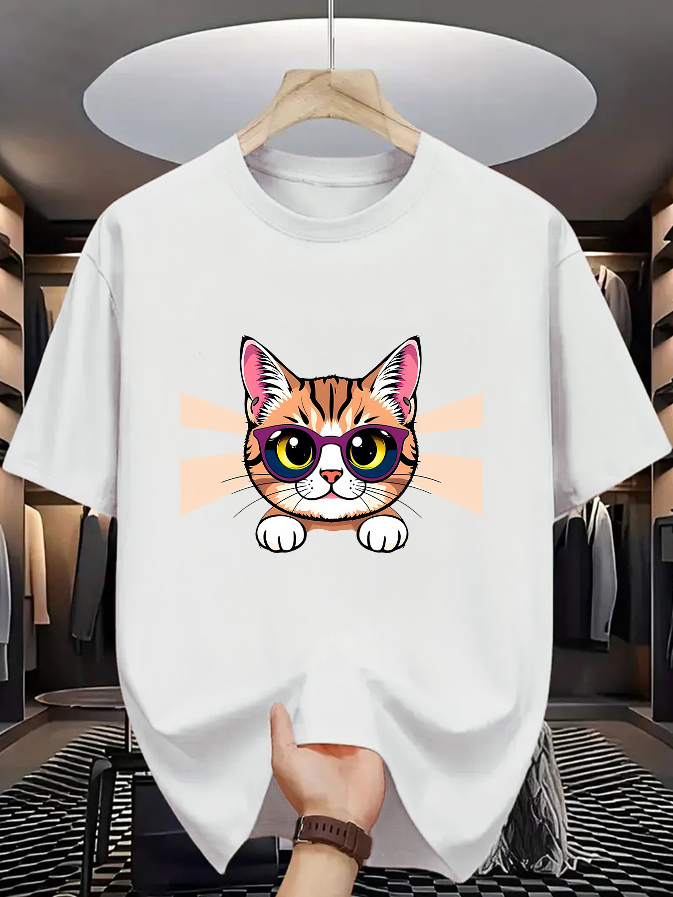 Men's Graphic T-Shirt Cartoon Striped Cat With Sunglasses And Bright Eyes Cat