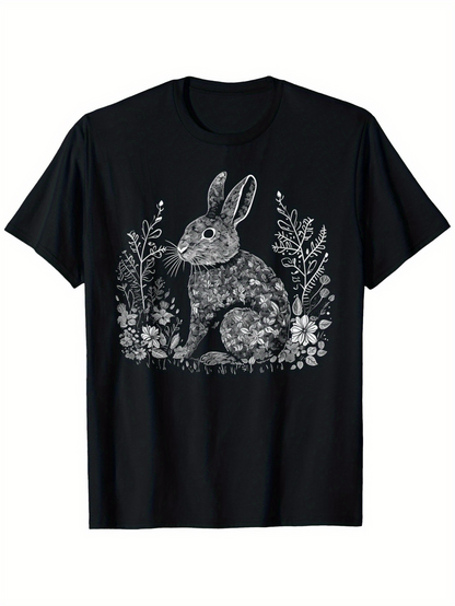 Men's Graphic T-Shirt Intricate Forest Flowers Surrounding Textured Gentle Rabbit