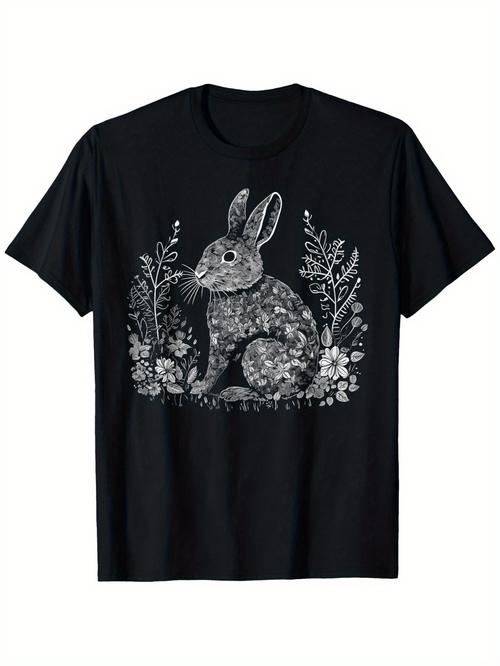 Men's Graphic T-Shirt Intricate Forest Flowers Surrounding Textured Gentle Rabbit