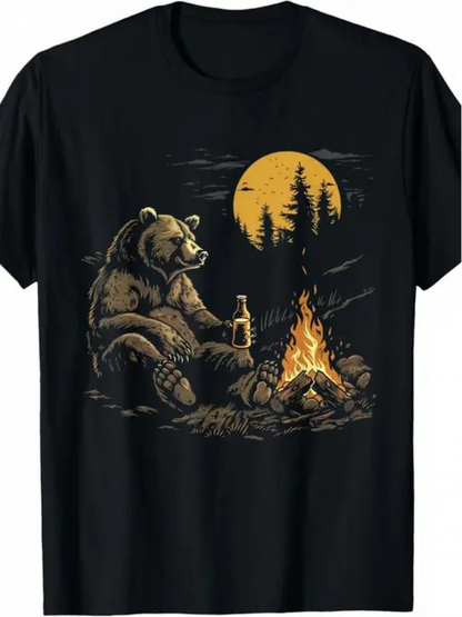 Men's Graphic T-Shirt Nighttime Wilderness With Bear Sitting By Campfire Under Moon