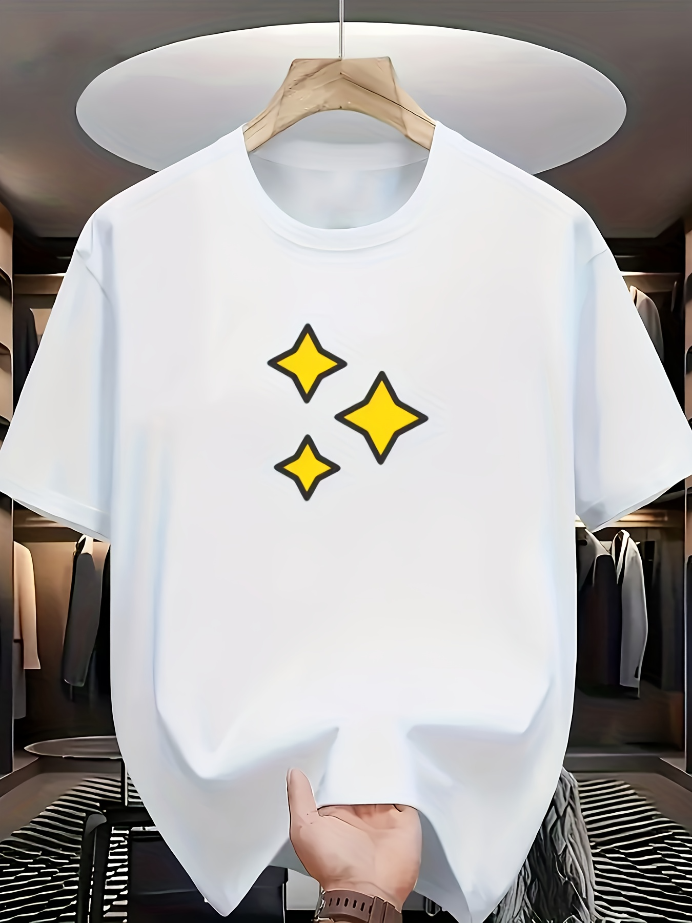 Men's Graphic T-Shirt Bright Yellow Stars Floating On Crisp White Cotton T Shirt