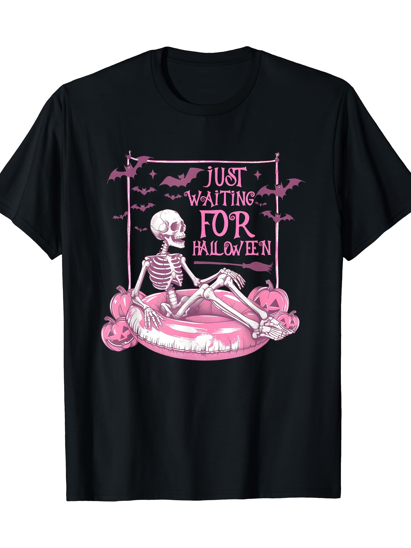 Men's Graphic T-Shirt Just Waiting For Halloween Pink Skeleton Lounge Pool Scene