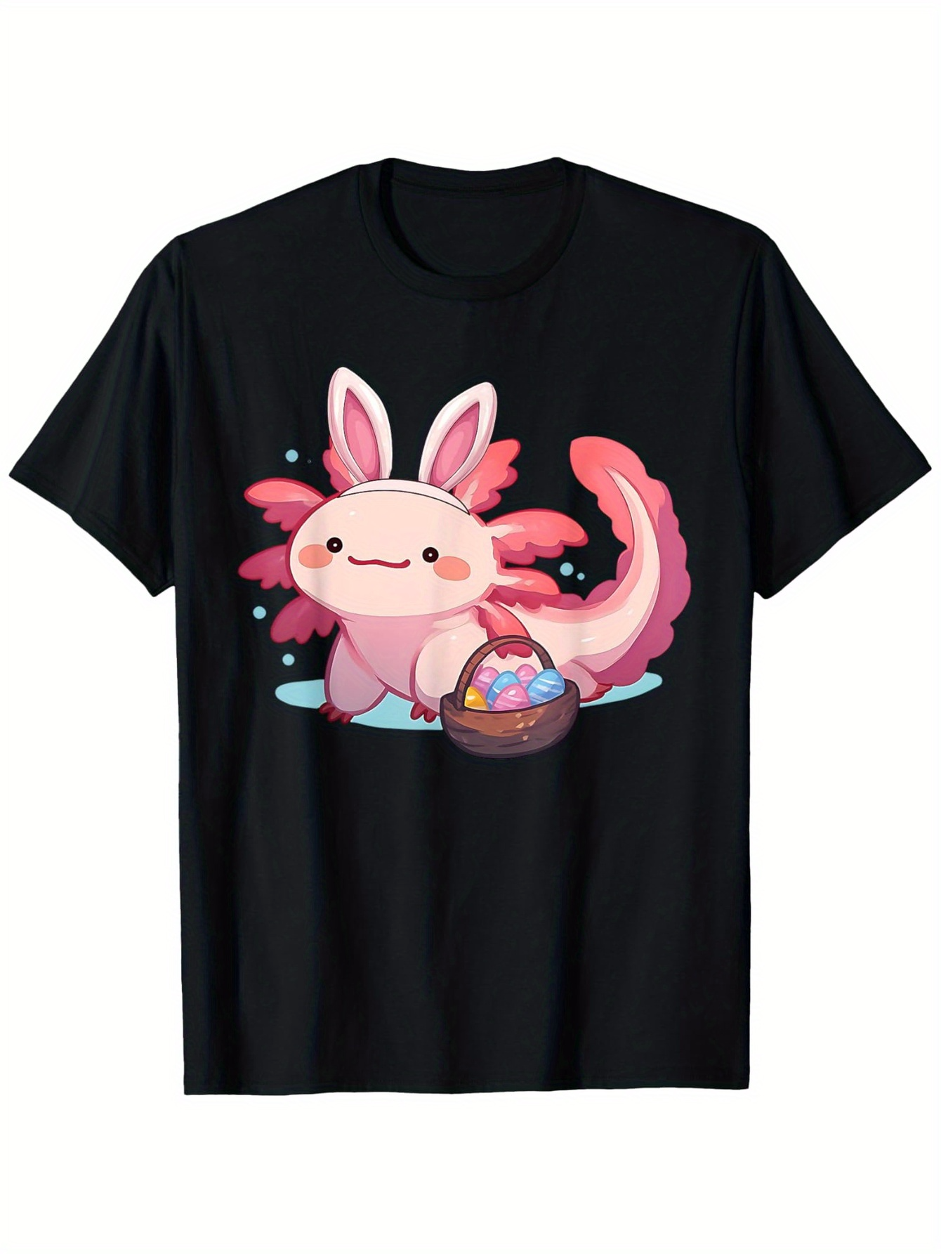 Men's Graphic T-Shirt Fantasy Pink Creature With Bunny Ears Holding Easter Basket Axolotl