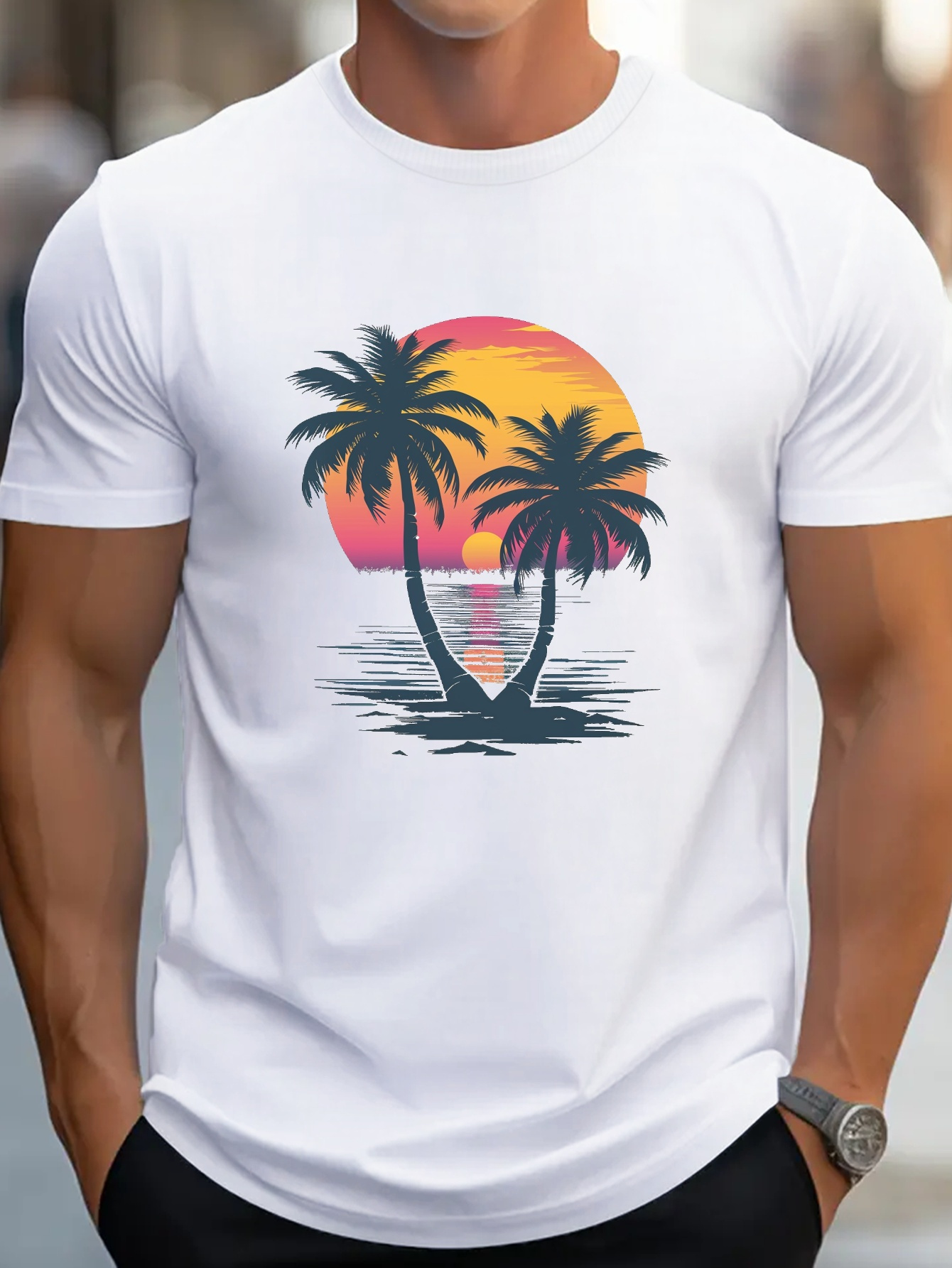 Men's Graphic T-Shirt Golden Sunset Reflected On Water With Palms At Tranquil Beach