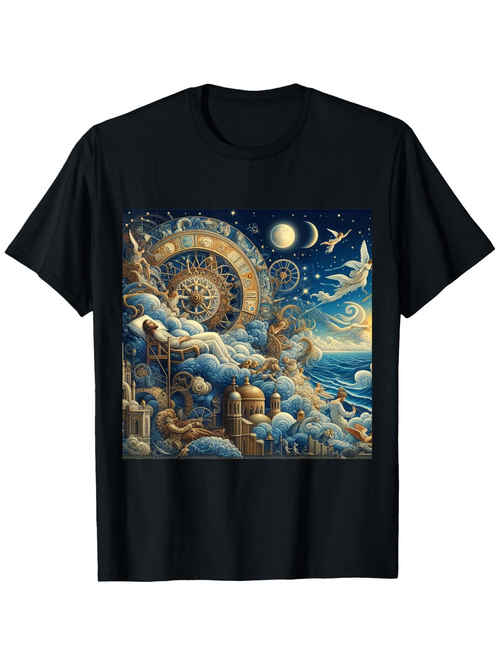 Men's Graphic T-Shirt Surreal Dreamscape With Clouds Stars Moon And Soaring White Birds
