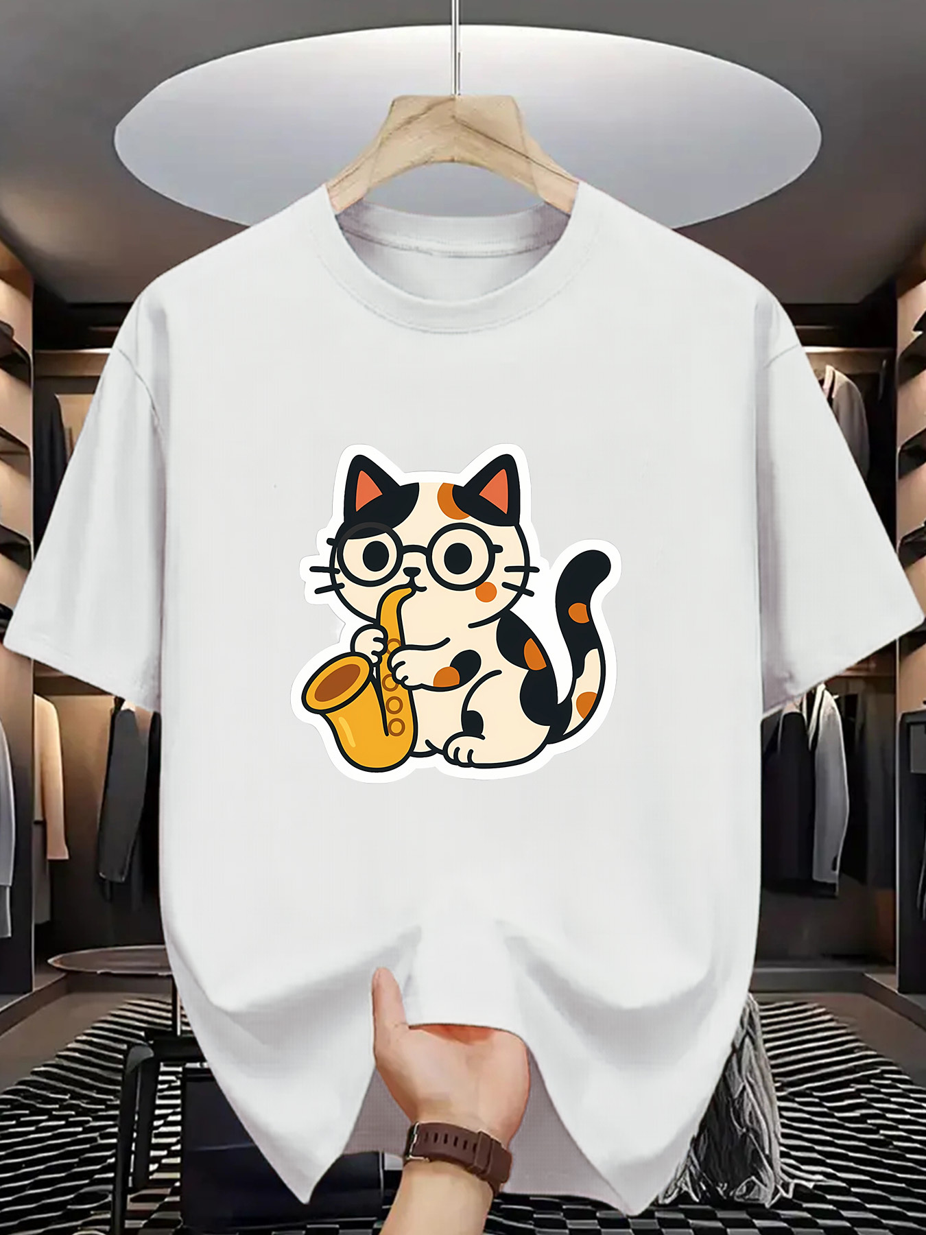 Men's Graphic T-Shirt Colorful Cartoon Cat With Round Glasses Holding A Jazz Saxophone Cat