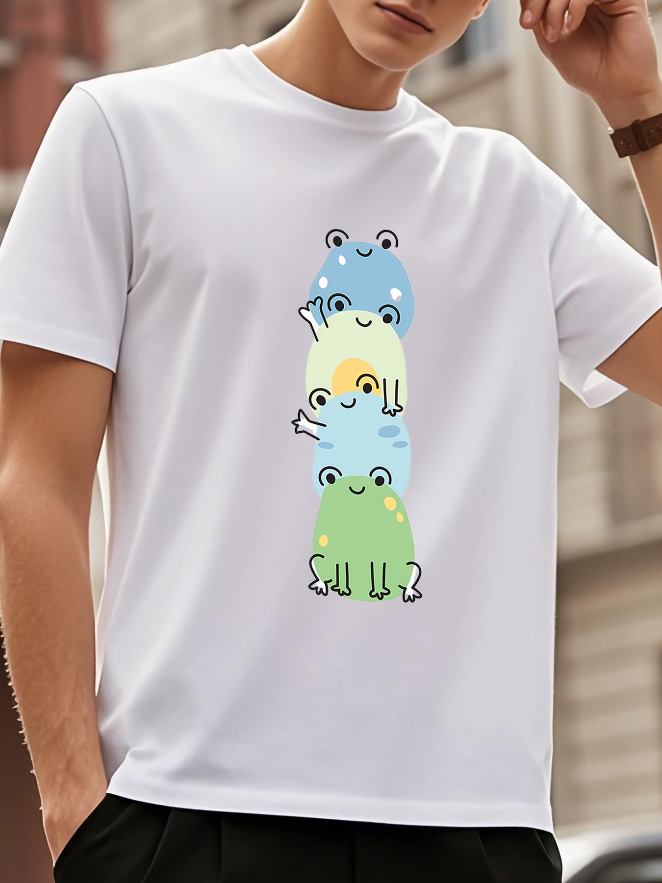 Men's Graphic T-Shirt Stacked Pastel Cartoon Frogs With Smiling Faces On White Shirt Frog