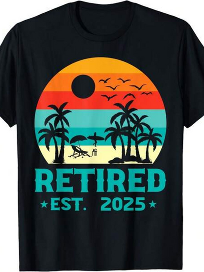 Men's Graphic T-Shirt Retired Est 2025 Retro Sun With Flying Birds Among Palm Trees