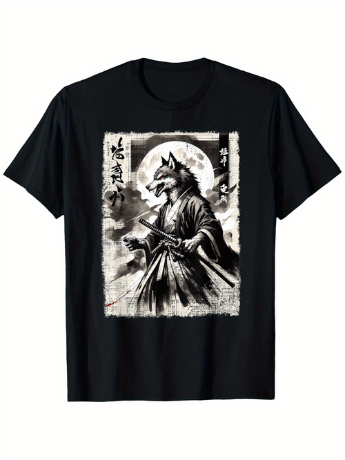 Men's Graphic T-Shirt Samurai Wolf Under Full Moon With Traditional Brush Ink Clouds Mist