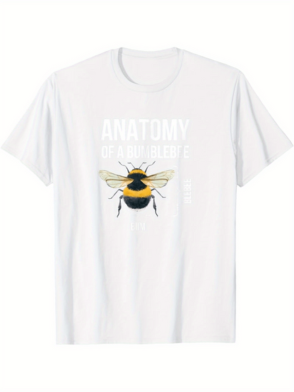Men's Graphic T-Shirt Anatomy Diagram With Labeled Text Showing A Realistic Yellow Bee