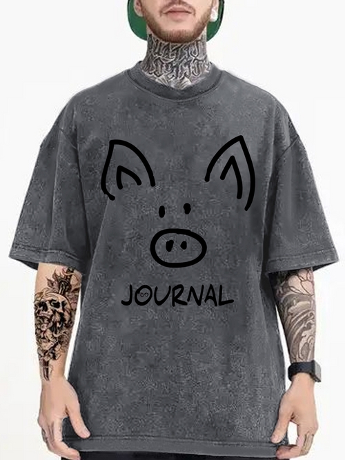 Men's Graphic T-Shirt Journal Minimalistic Pig Face Line Drawing On Faded Cotton T Shirt