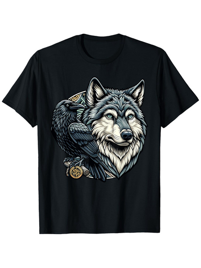 Men's Graphic T-Shirt Dark Midnight Raven With Moonlit Forest Wolf Illustration