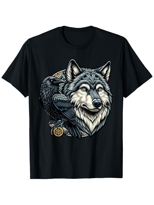 Men's Graphic T-Shirt Dark Midnight Raven With Moonlit Forest Wolf Illustration
