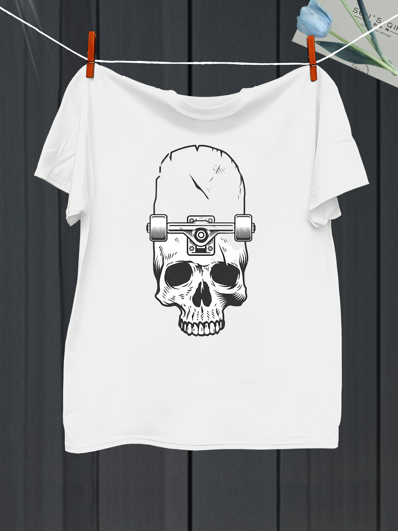 Men's Graphic T-Shirt Hand Drawn Monochrome Skull With Skateboard Helmet Fusion Skull