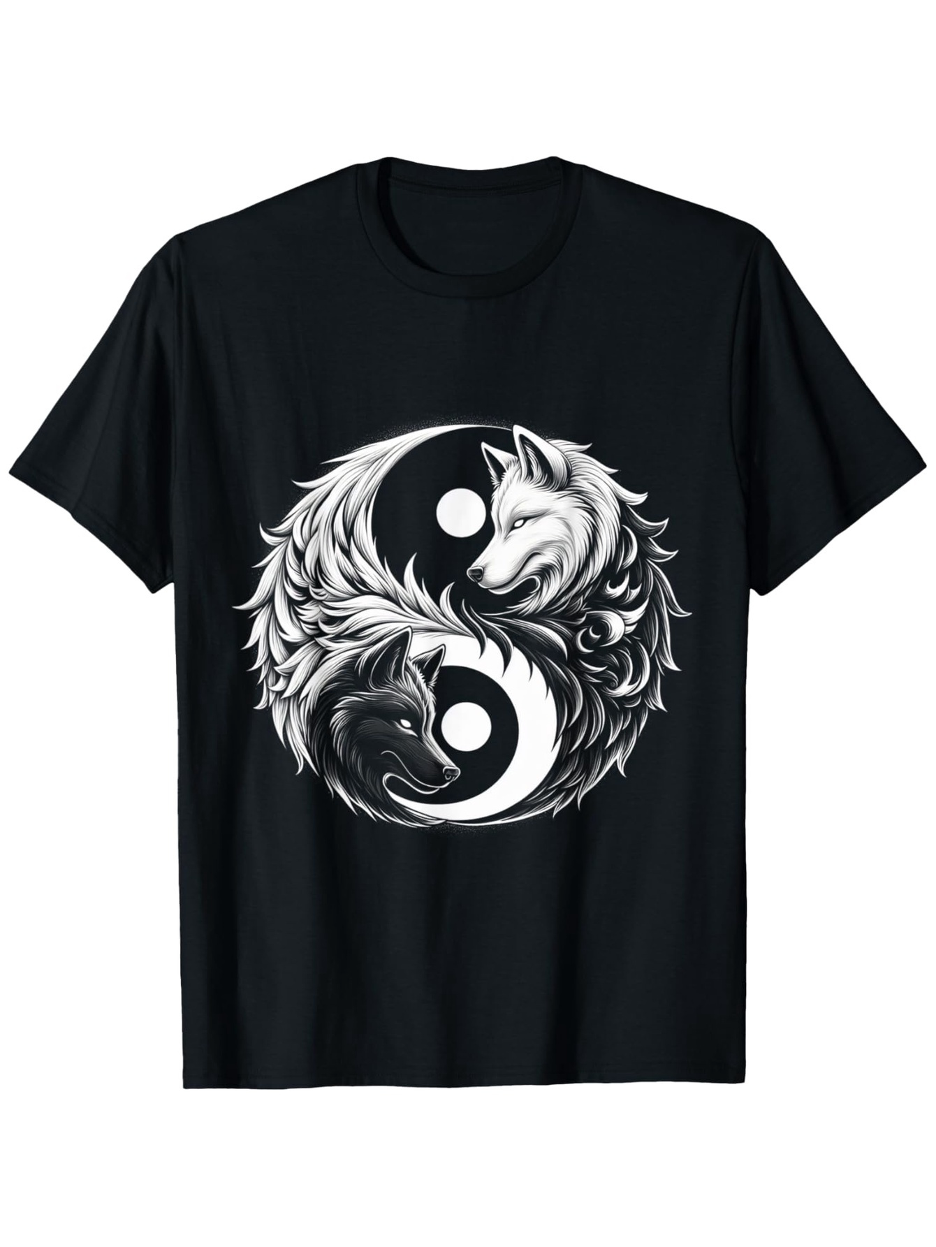 Men's Graphic T-Shirt Mystical Balance With Black And White Wolves Forming Yin Yang Symbol