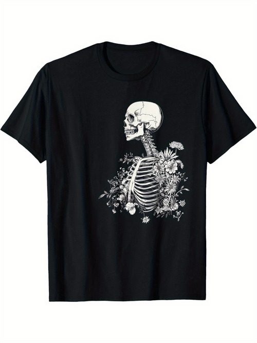 Men's Graphic T-Shirt Vintage Skeleton With Wildflowers Among Rustic Blooms Skeleton