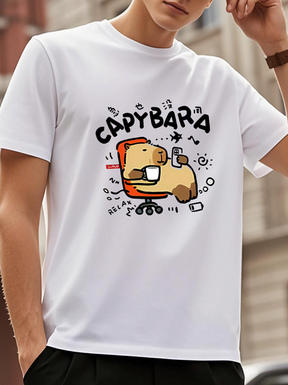 Men's Graphic T-Shirt Capybara Drinking Coffee Relaxed In Office Chair Surrounded By Floating Symbols Capybara