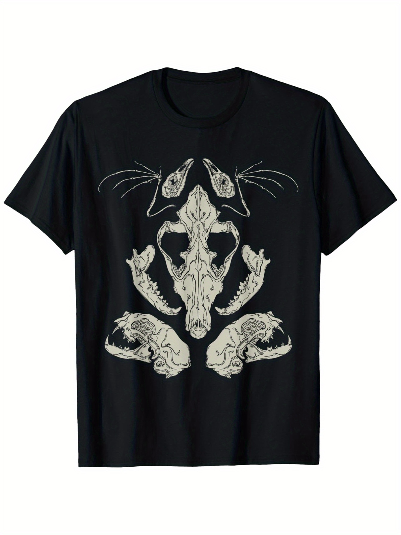 Men's Graphic T-Shirt Abstract Animal Skulls With Intricate Symmetrical Linework On Black Fabric
