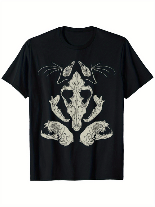 Men's Graphic T-Shirt Abstract Animal Skulls With Intricate Symmetrical Linework On Black Fabric