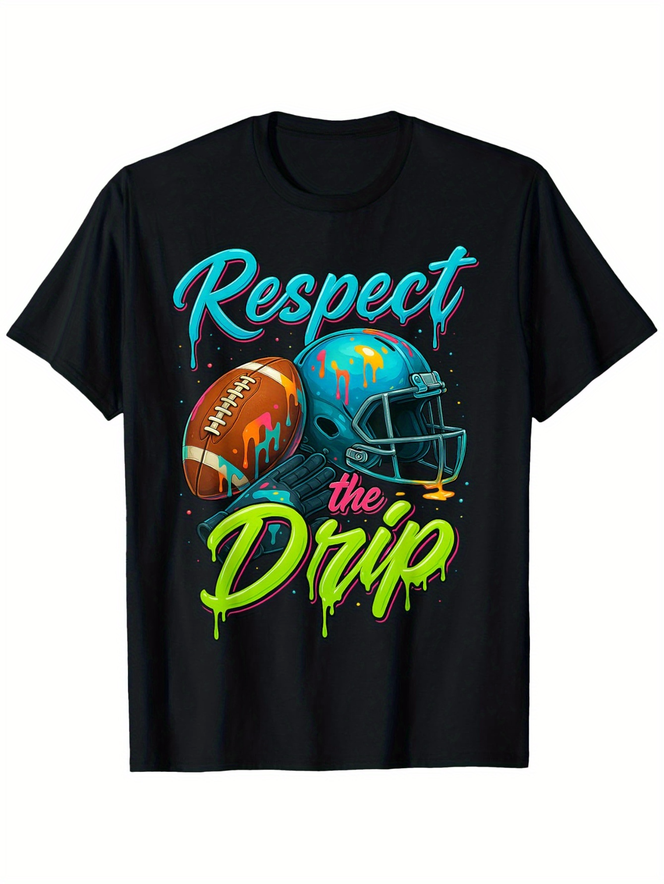 Men's Graphic T-Shirt Respect The Drip With Neon Football And Shining Blue Helmet