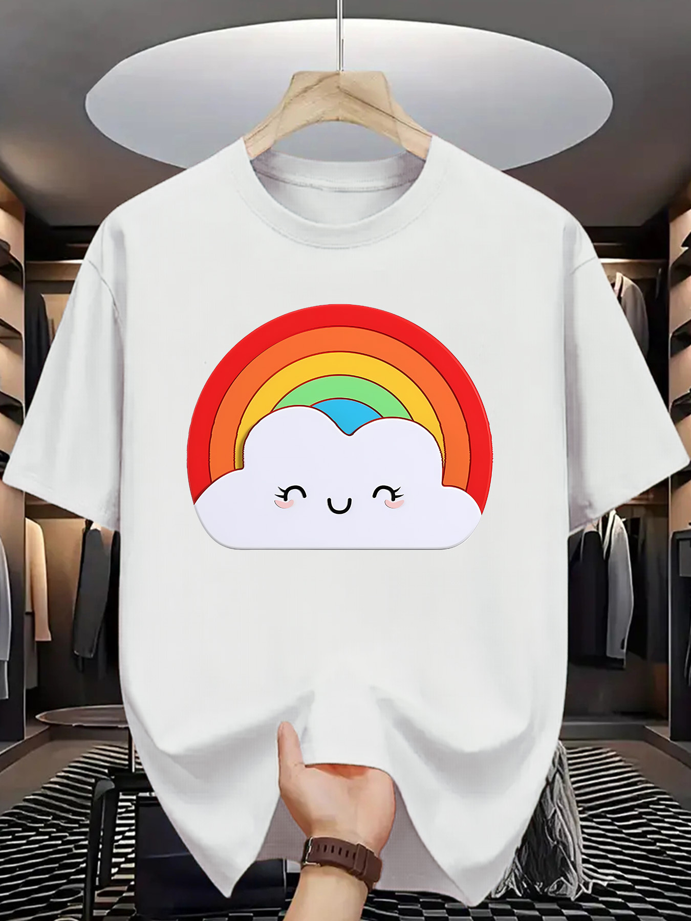Men's Graphic T-Shirt Whimsical Rainbow Arched Above Smiling Happy Cartoon Cloud