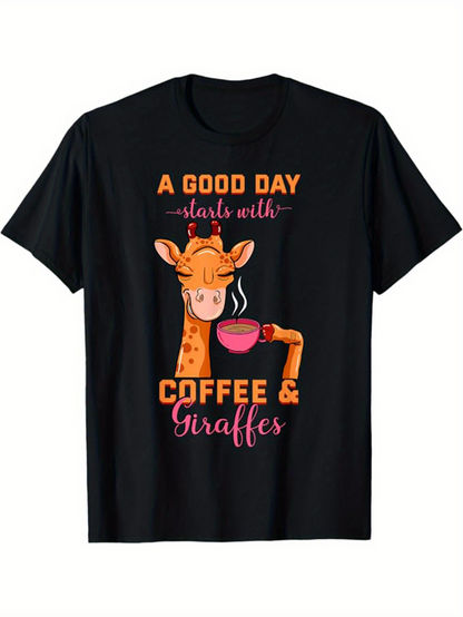 Men's Graphic T-Shirt A Good Day Starts With Coffee And A Cheerful Cartoon Giraffe Enjoying Morning Cup Giraffe