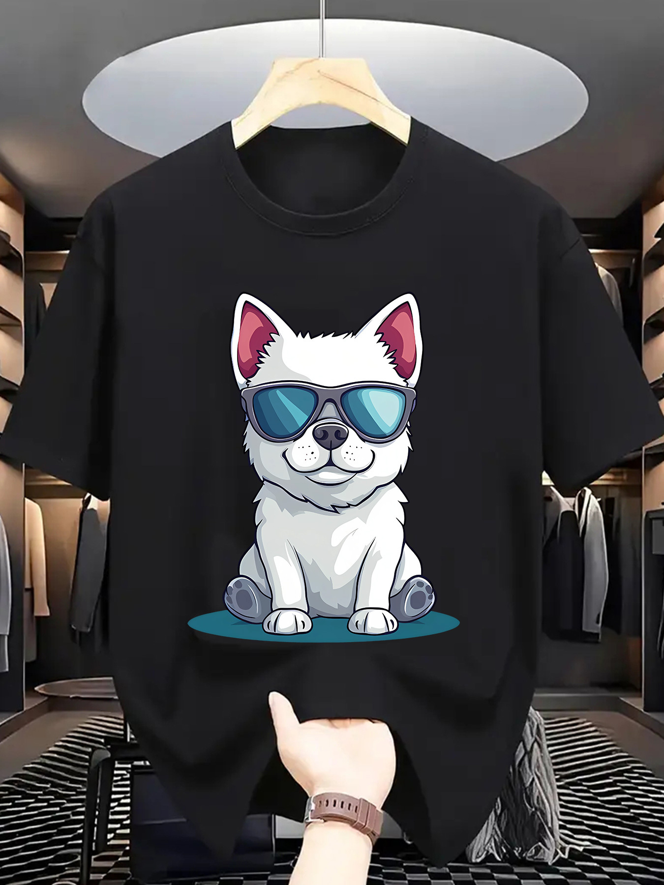 Men's Graphic T-Shirt Cool Sunglasses With White Cartoon Sitting Dog
