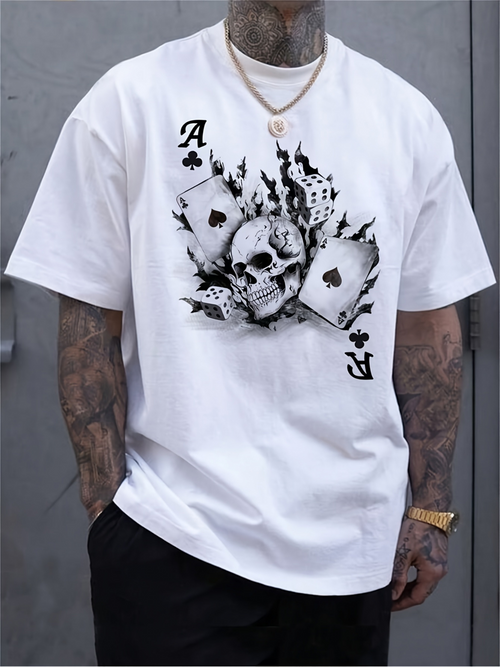 Men's Graphic T-Shirt Burning Playing Cards With Skull Surrounded By Black Smoke Flames