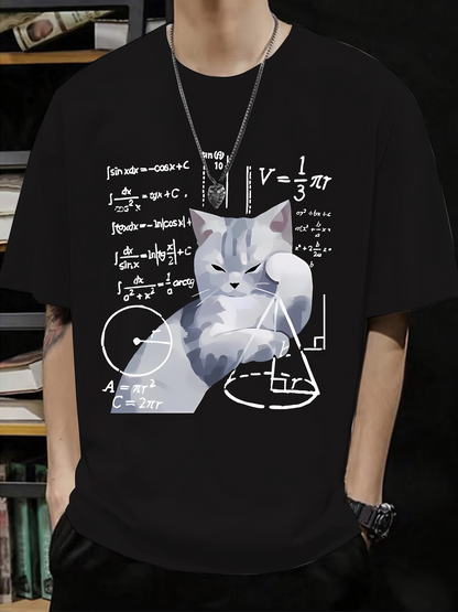 Men's Graphic T-Shirt Abstract Math Equations With Proud Cat Surrounded By White Geometric Shapes