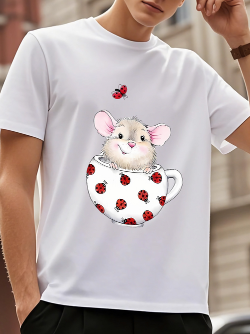 Men's Graphic T-Shirt Playful Mouse In Polka Dot Teacup With Ladybugs Adorable Animal Scene