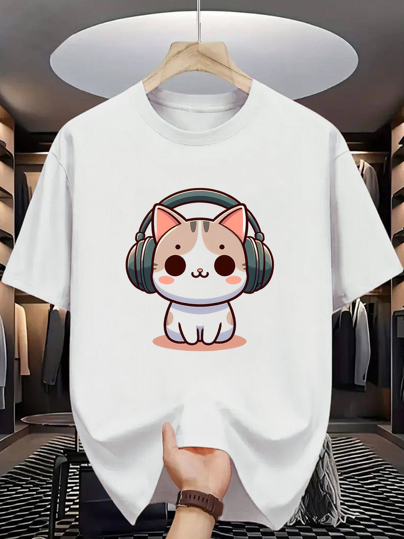 Men's Graphic T-Shirt Cartoon Kitten With Large Headphones Sitting Calmly Cat