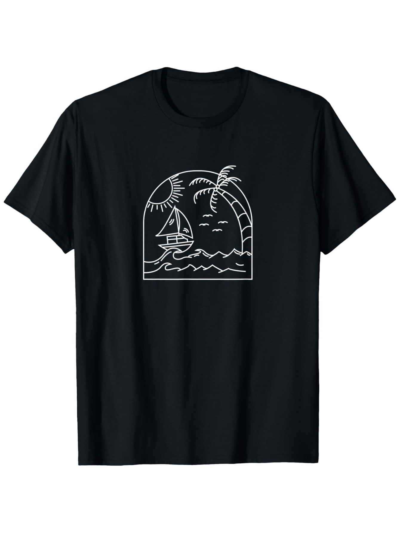 Men's Graphic T-Shirt Minimalist Palm Tree And Sailboat At Sunset Beach