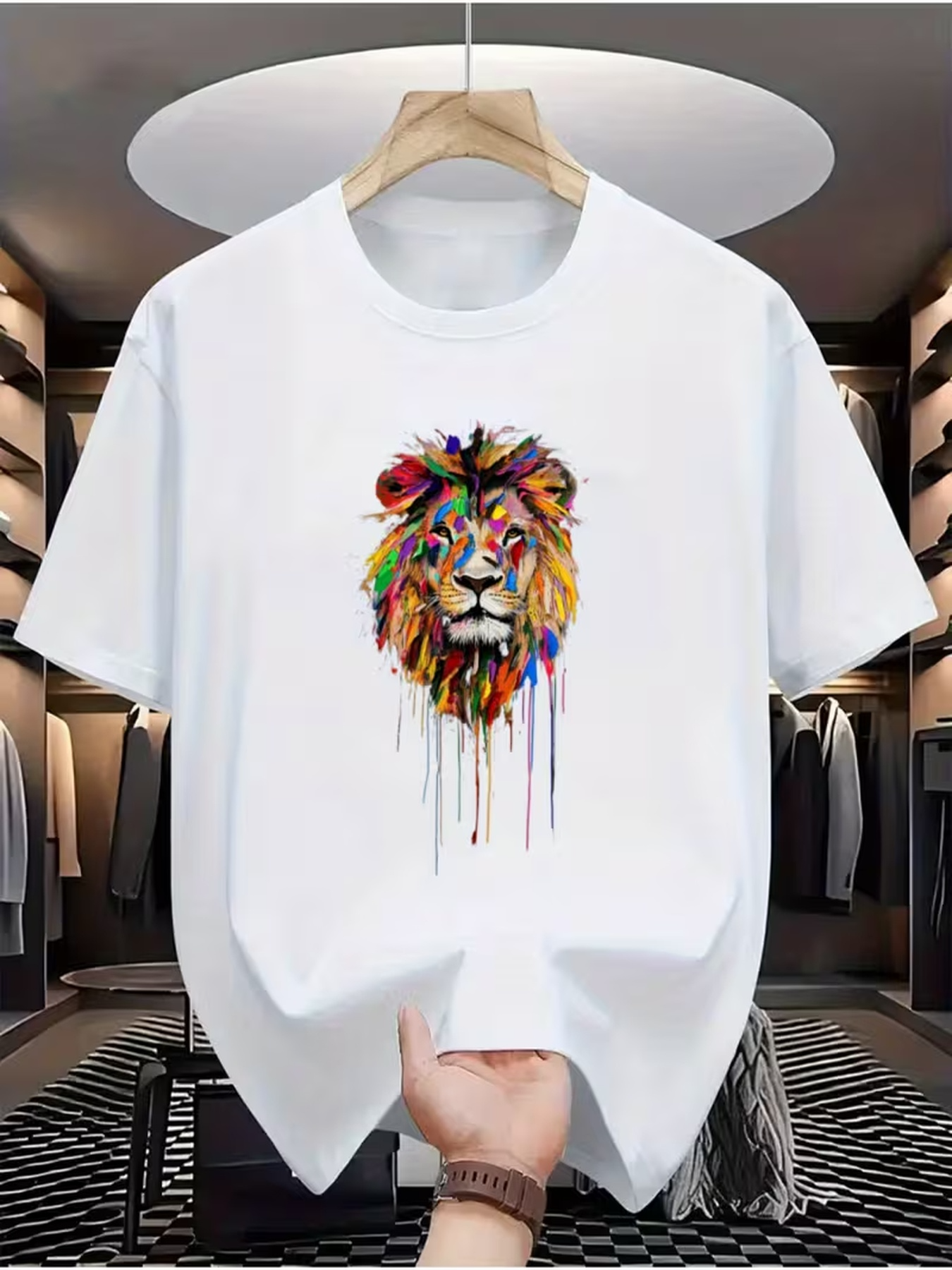 Men's Graphic T-Shirt Colorful Artistic Brushstrokes Flowing Down Bold Lion Face