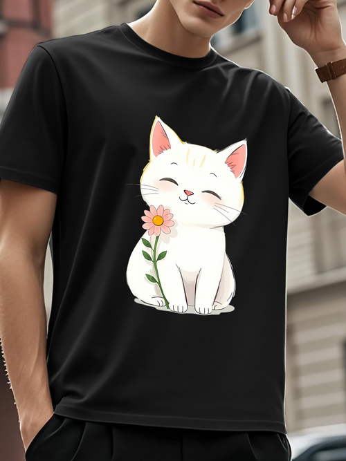 Men's Graphic T-Shirt Happy White Cat Sitting With Pink Flower Illustration