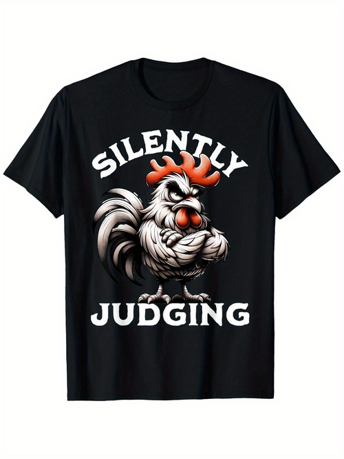 Men's Graphic T-Shirt Silently Judging Muscular Rooster With Bright Red Comb Folded Wings
