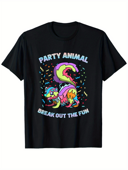Men's Graphic T-Shirt Party Animal With Colorful Confetti And Neon Decorative Dancing Skunk