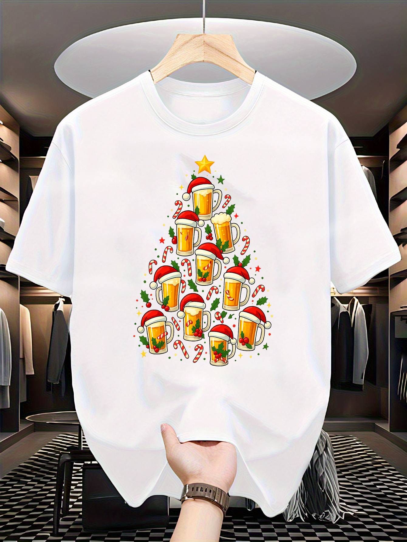 Men's Graphic T-Shirt Festive Holiday Celebration With Santa Hats And Christmas Tree Beer