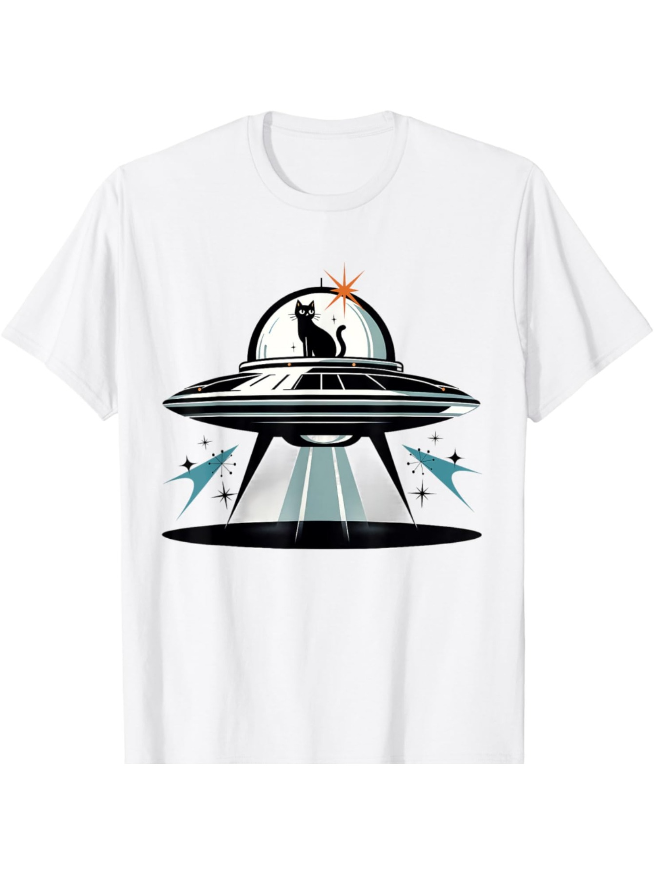 Men's Graphic T-Shirt Retro Black Cat With Sparkling Light Inside A Flying Saucer Spaceship