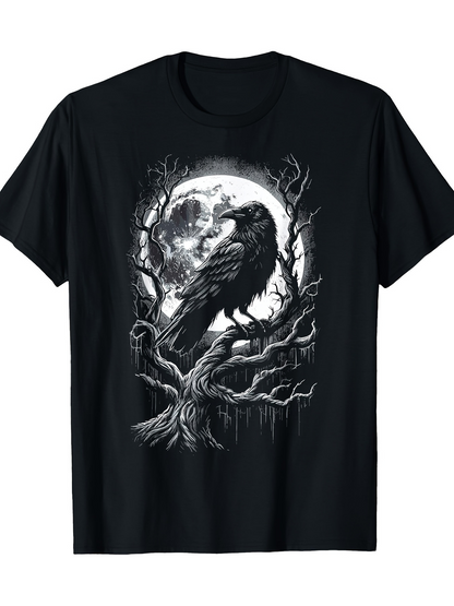 Men's Graphic T-Shirt Mystical Moonlight With Twisted Branches And Perched Raven Bird