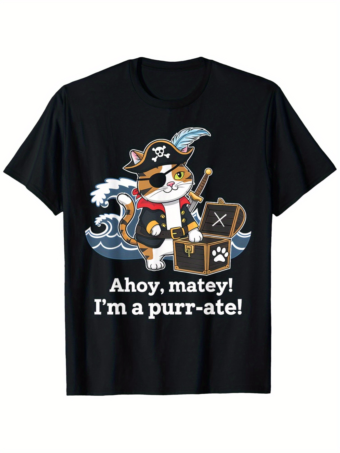 Men's Graphic T-Shirt Ahoy Matey Im A Purr Ate With Pirate Cat Treasure And Rolling Waves