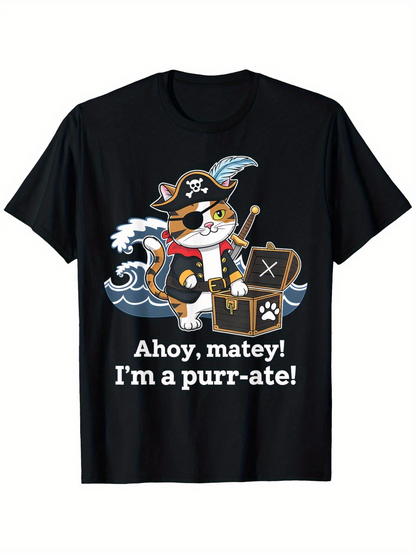 Men's Graphic T-Shirt Ahoy Matey Im A Purr Ate With Pirate Cat Treasure And Rolling Waves