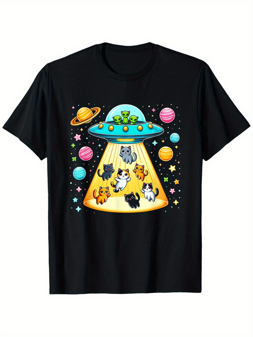 Men's Graphic T-Shirt Cartoon Alien Spaceship With Colorful Planets And Floating Cats