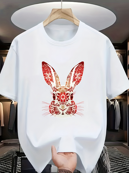 Men's Graphic T-Shirt Intricate Floral Motif With Red Patterns Forming A Whimsical Bunny Rabbit