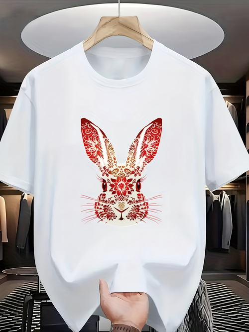Men's Graphic T-Shirt Intricate Floral Motif With Red Patterns Forming A Whimsical Bunny Rabbit