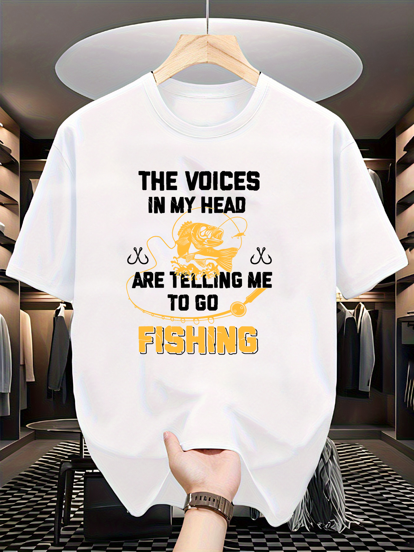Men's Graphic T-Shirt The Voices In My Head With Fish Illustration And Fishing Rods Under Text Fishing