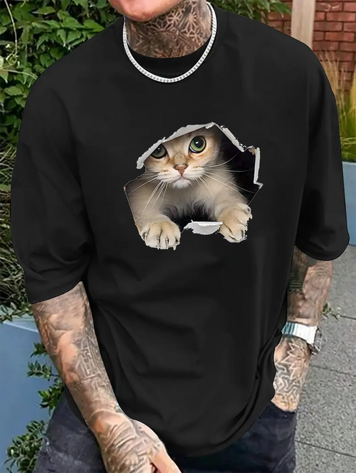Men's Graphic T-Shirt Realistic Three Dimensional Effect With Peeking Cute Fluffy Cat