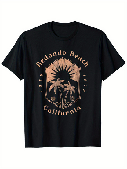 Men's Graphic T-Shirt Redondo Beach California Sunset Palms Radiating Sunlight With Coastal Scene T Shirt
