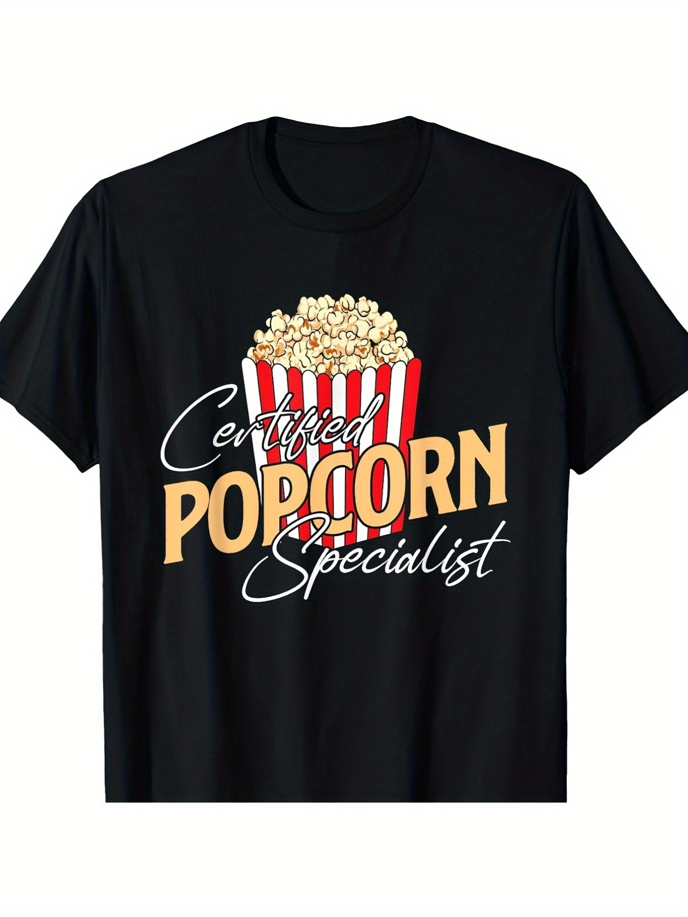 Men's Graphic T-Shirt Certified Popcorn Specialist Crunchy Salted Snacks In Red Striped Popcorn Box
