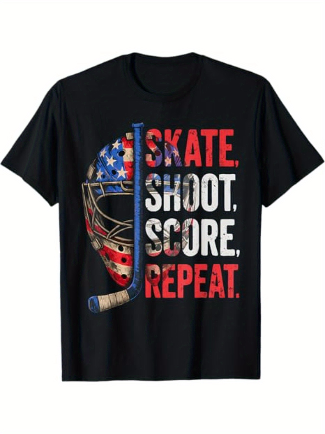 Men's Graphic T-Shirt Skate Shoot Score Repeat With American Flag Hockey Helmet